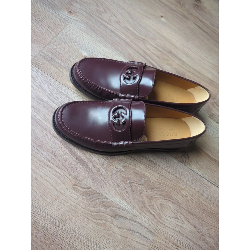 Gucci GG Interlocking Leather Loafers Bordeaux Mens 10